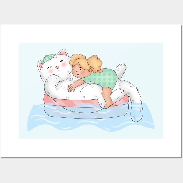 Little girl and big cat swimming in the ocean Wall Art by Athikan